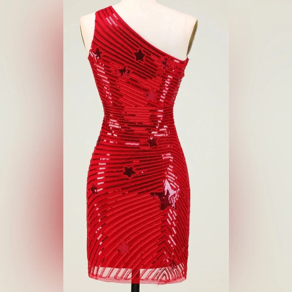 Red Sequin One Shoulder Bodycon Mini Dress Stars Detail Size Large NWOT - Picture 2 of 6